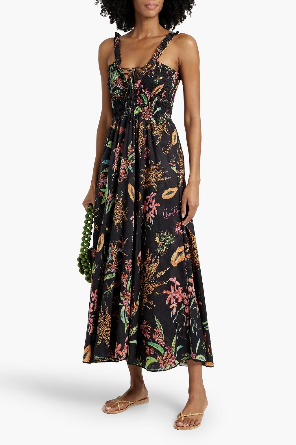 CHARO RUIZ IBIZA Shirred printed cotton-blend voile midi dress