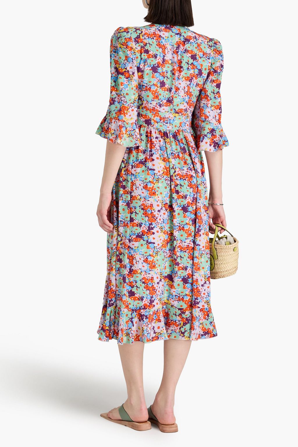 STINE GOYA シルククレープデシン ミディワンピース プリーツ入り フローラルプリント