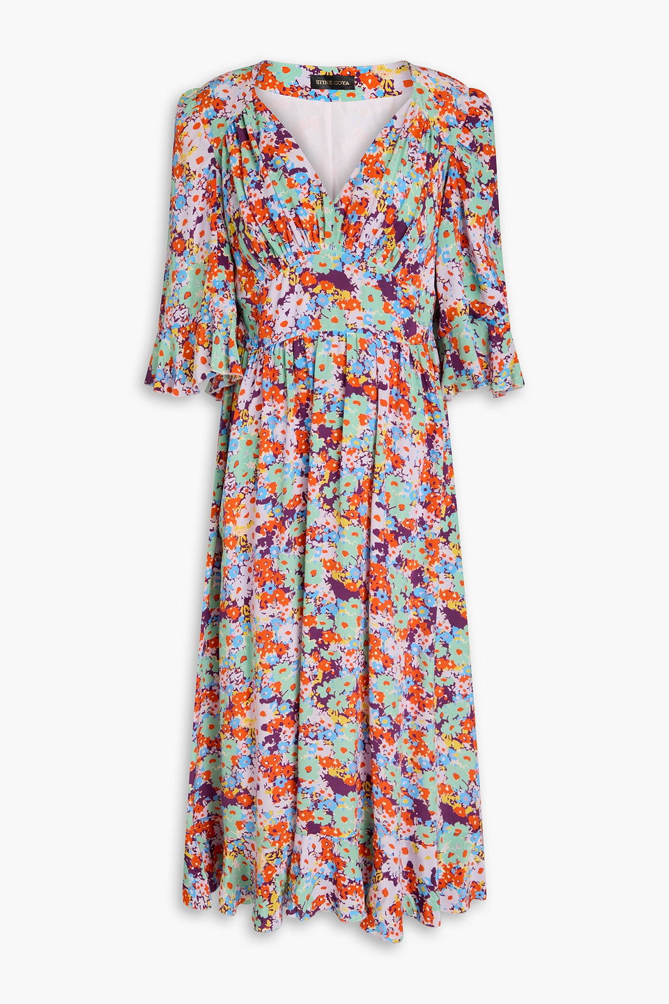 Stine Goya Evelyn Pleated Floral-print Silk Crepe De Chine Midi Dress In Bunt