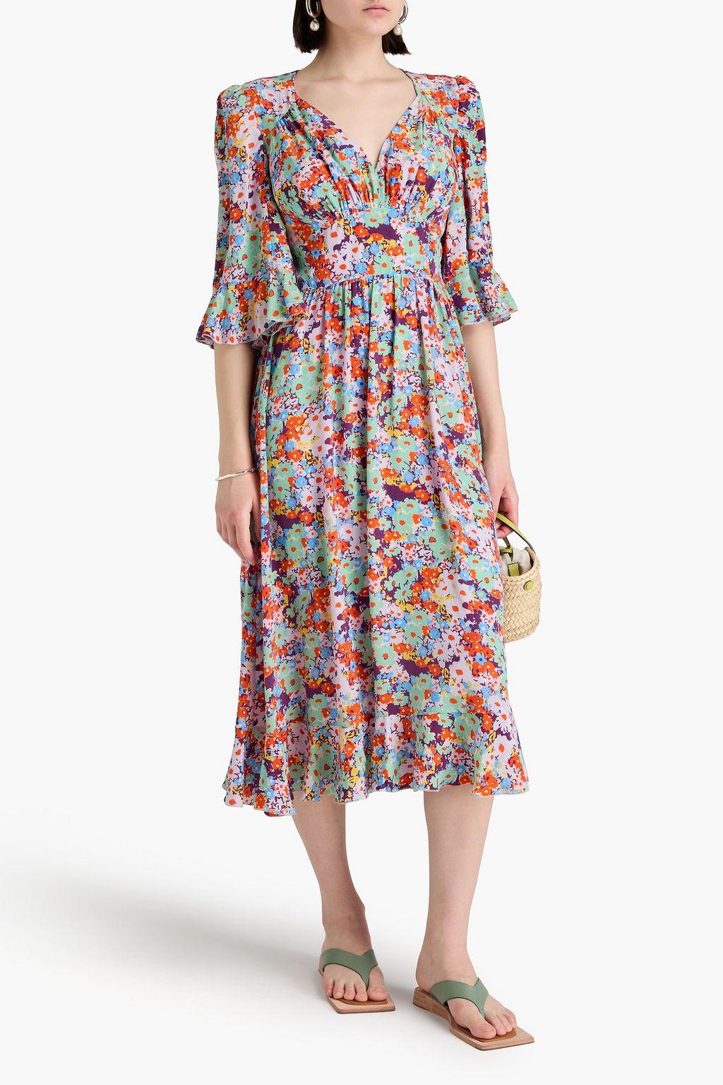STINE GOYA シルククレープデシン ミディワンピース プリーツ入り フローラルプリント