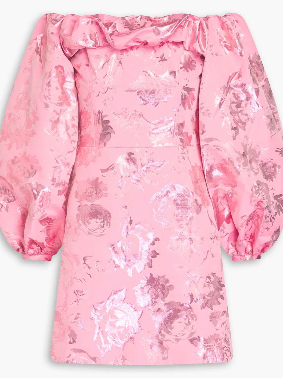 dora off-the-shoulder metallic brocade mini dress