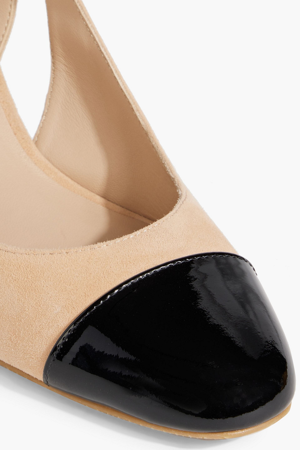 Shop Stuart Weitzman Sleek 50 Suede And Patent-leather Slingback Pumps In Sand
