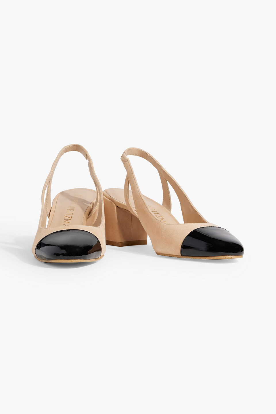 Shop Stuart Weitzman Sleek 50 Suede And Patent-leather Slingback Pumps In Sand