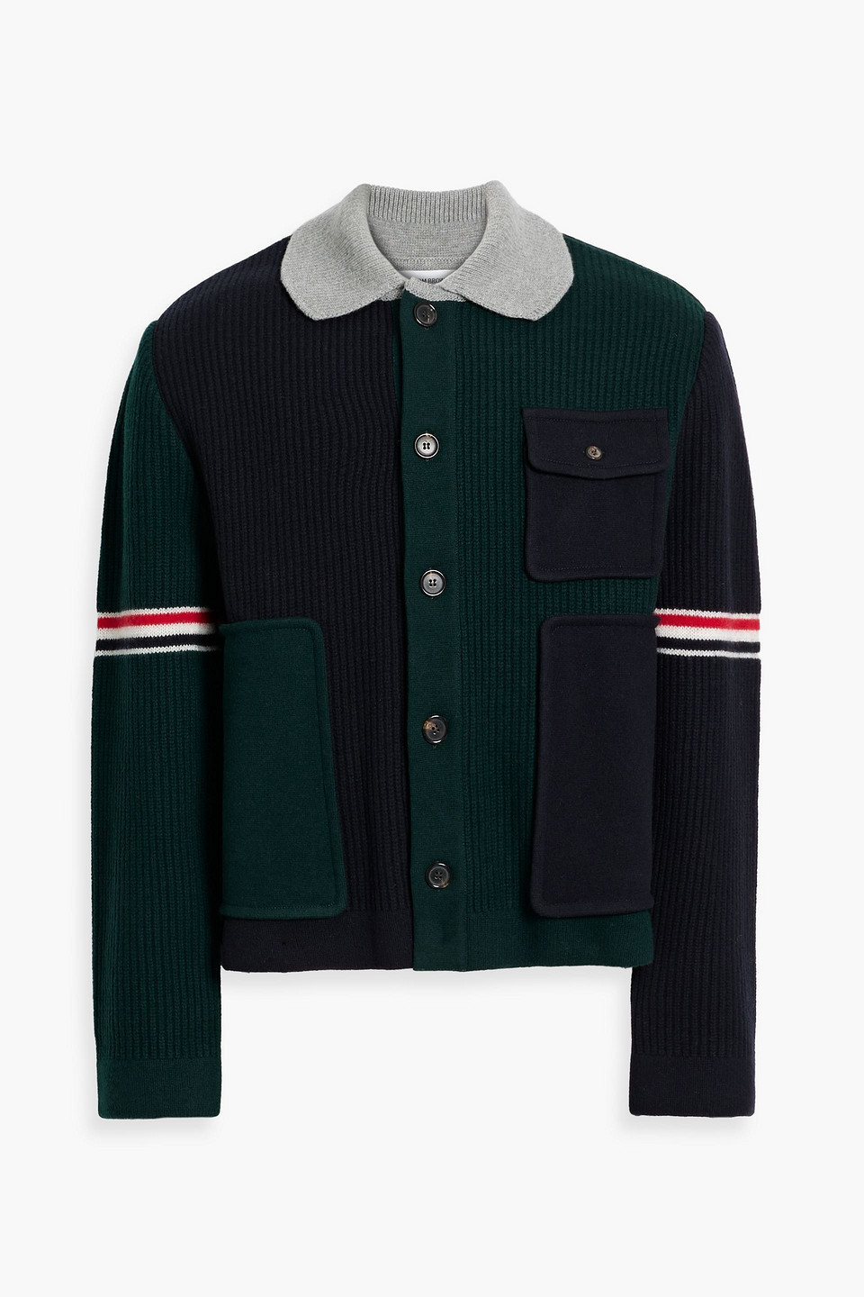 Thom Browne Color-block Ribbed Wool Cardigan In Black