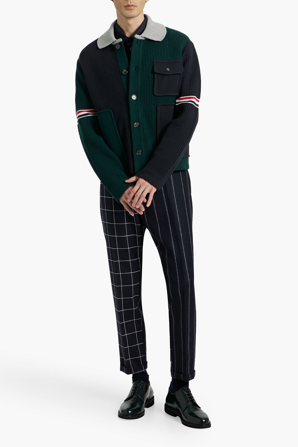 Thom Browne Color-block Ribbed Wool Cardigan In Black