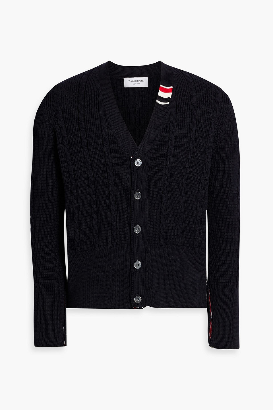 Thom Browne Textured Knit Cardigan With Deep V-neckline And Decorative Buttons In Blue