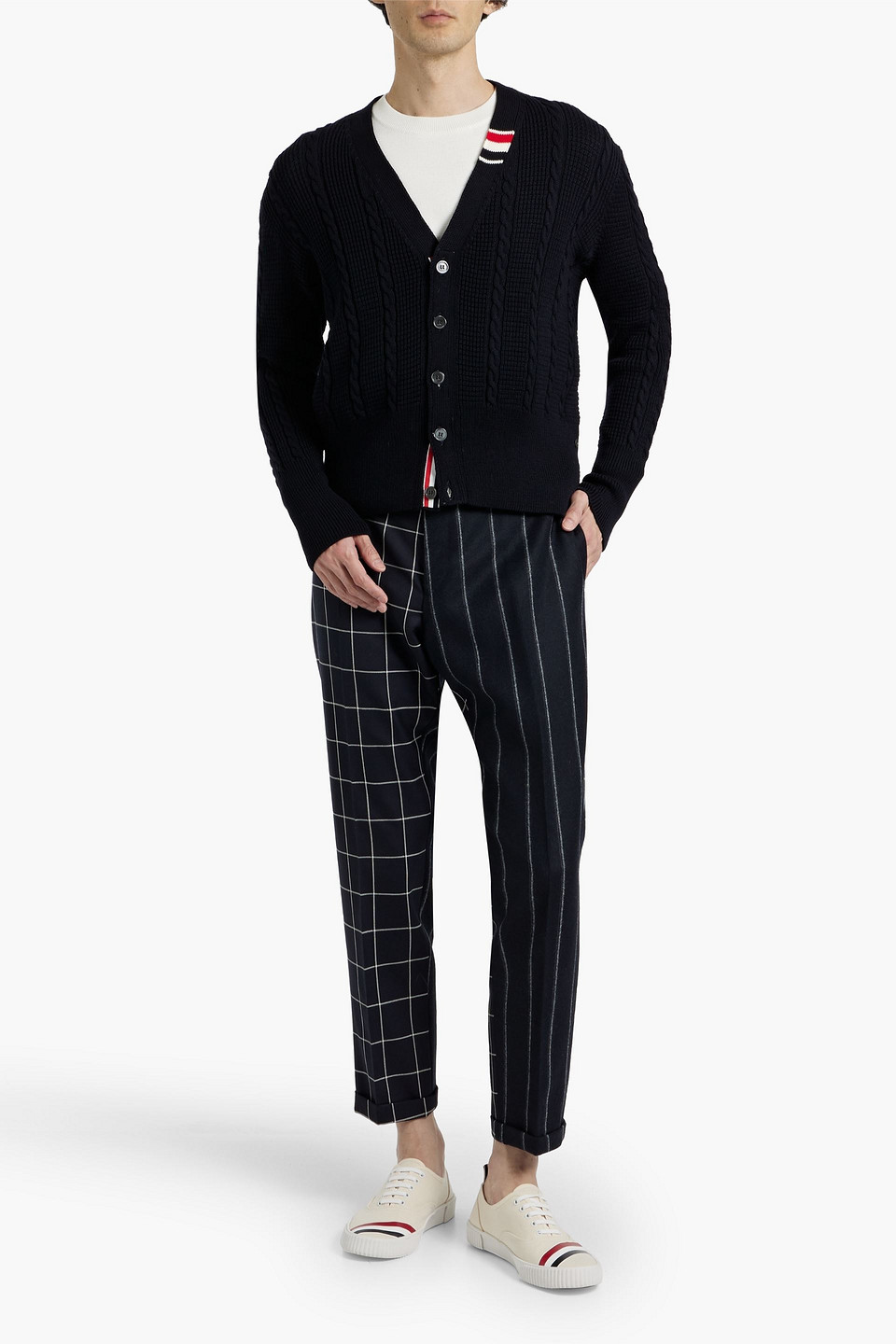 Thom Browne Textured Knit Cardigan With Deep V-neckline And Decorative Buttons In Blue