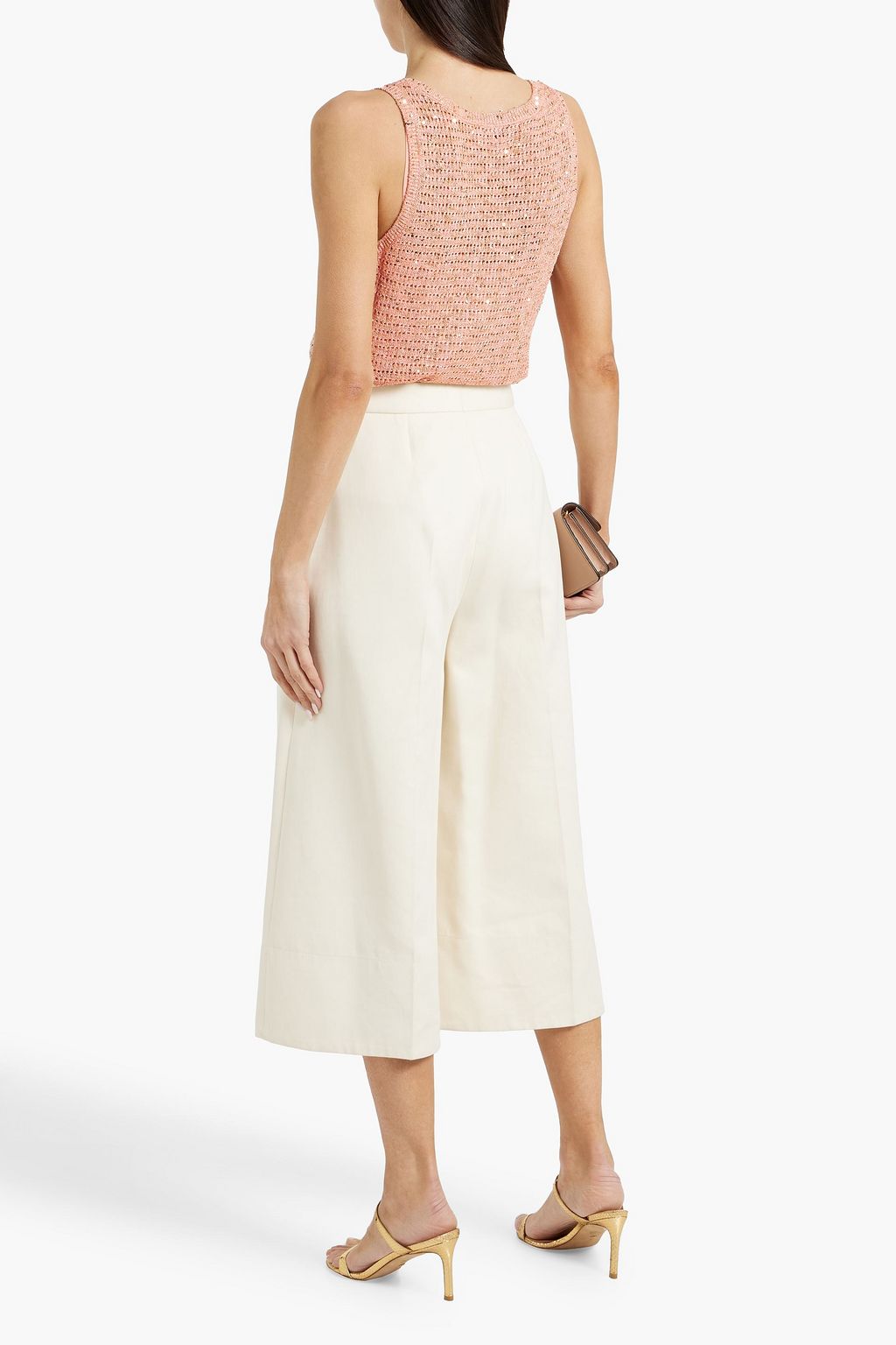 CAROLINA HERRERA Embellished metallic pointelle-knit cotton-blend top