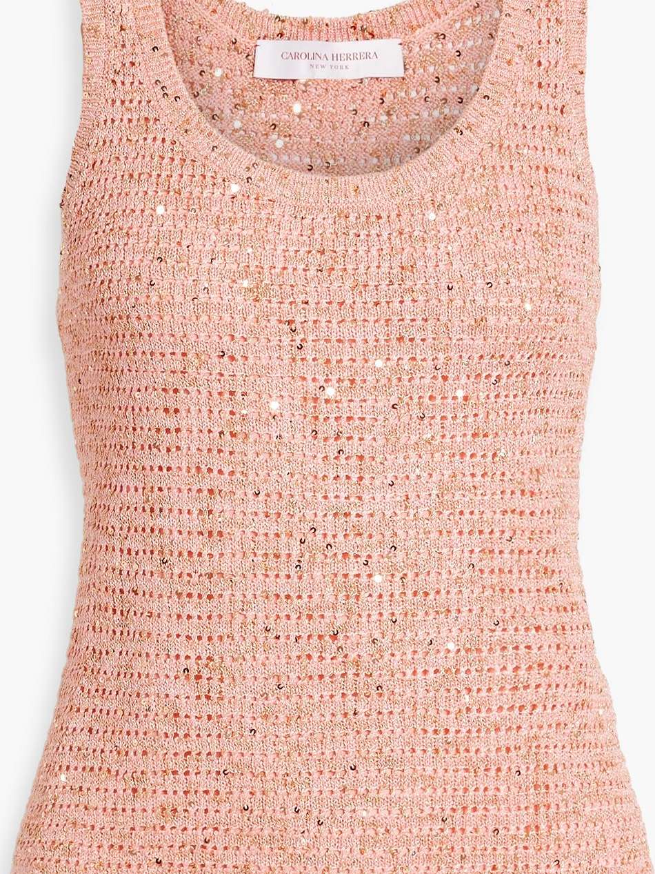 embellished metallic pointelle-knit cotton-blend top