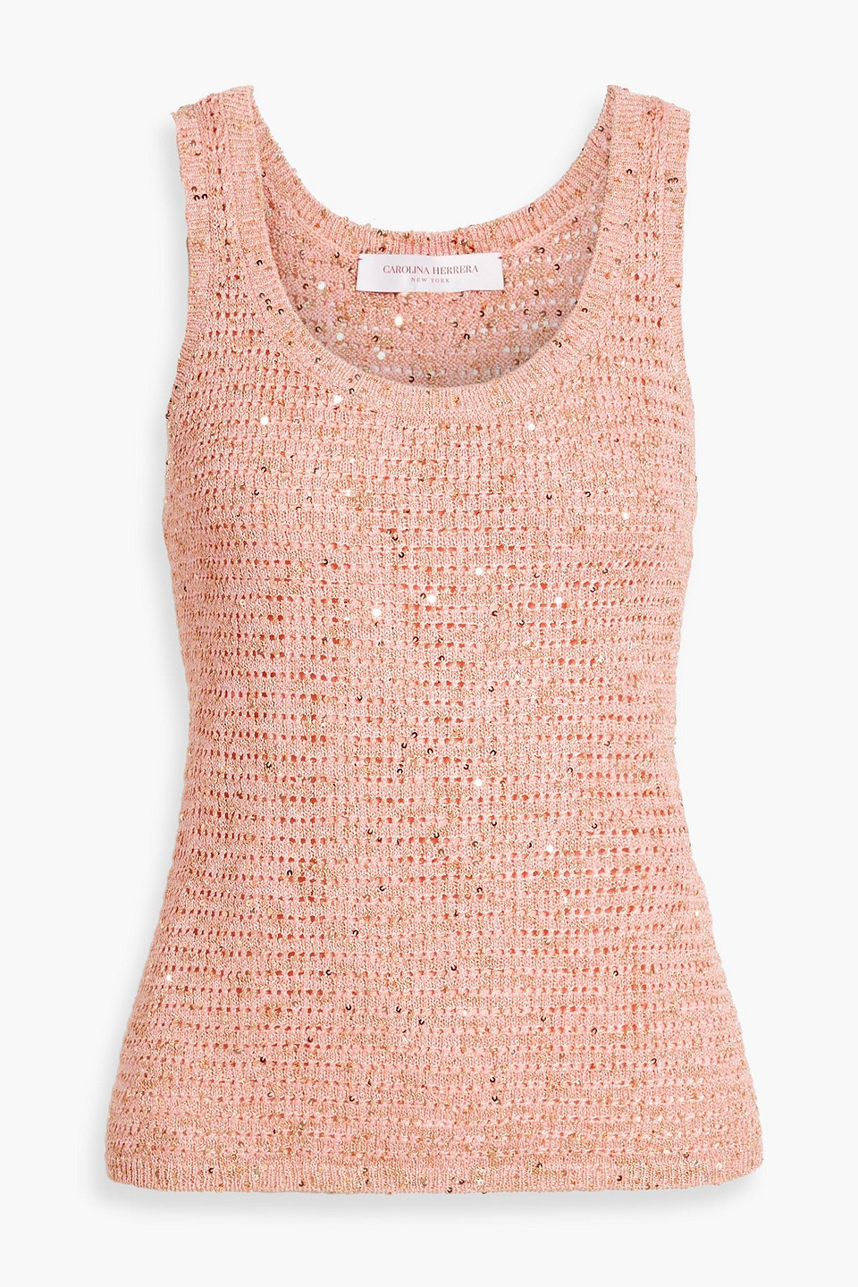 Carolina Herrera Embellished Metallic Pointelle-knit Cotton-blend Top In Blush