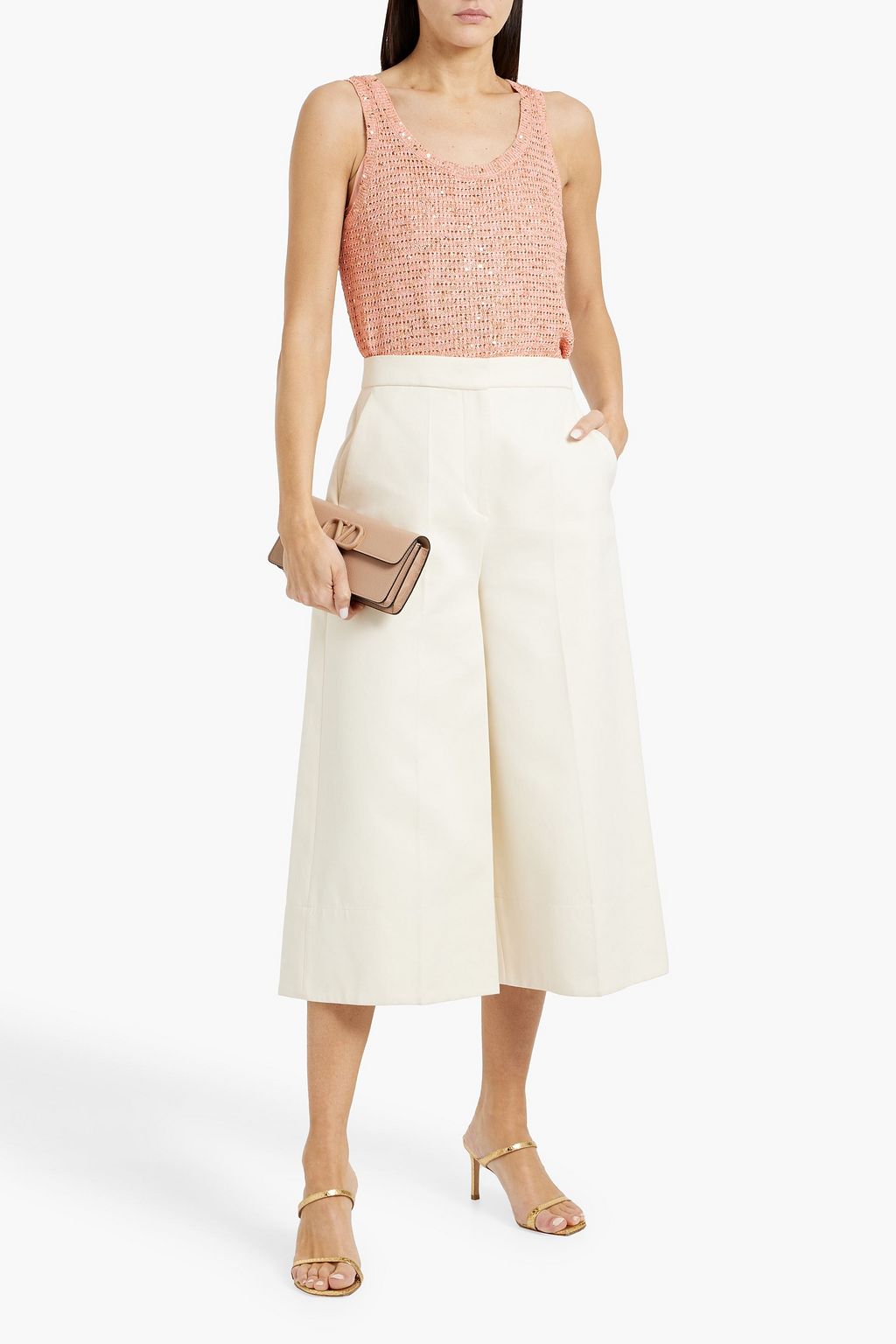 CAROLINA HERRERA Embellished metallic pointelle-knit cotton-blend top