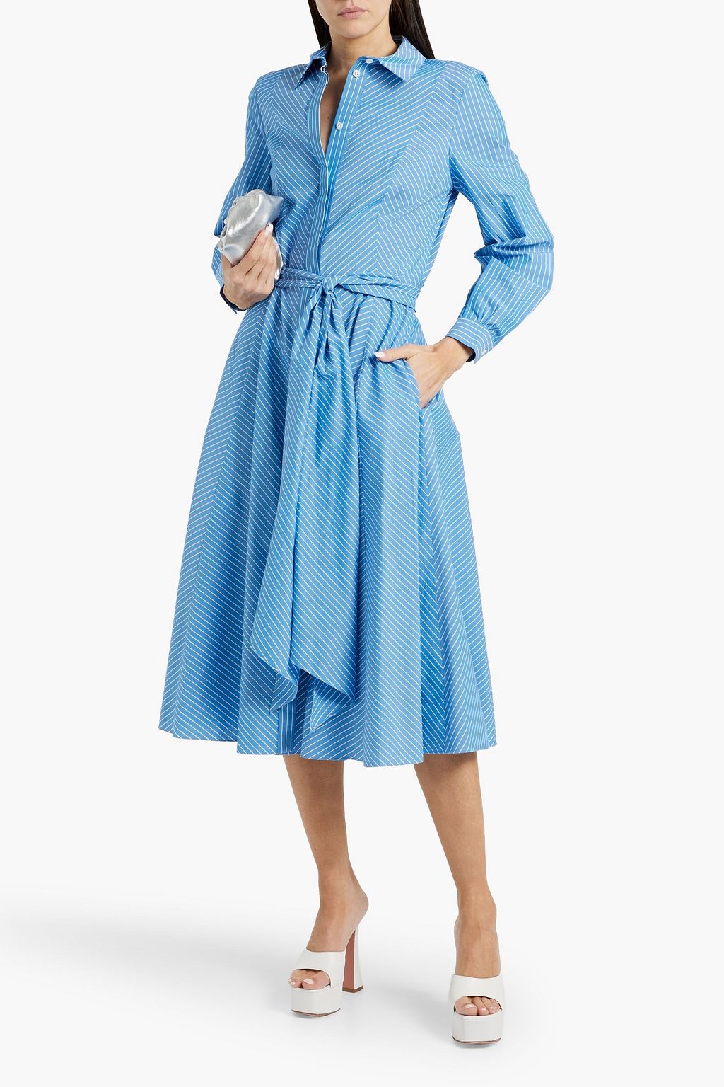 CAROLINA HERRERA Belted striped cotton-poplin midi shirt dress