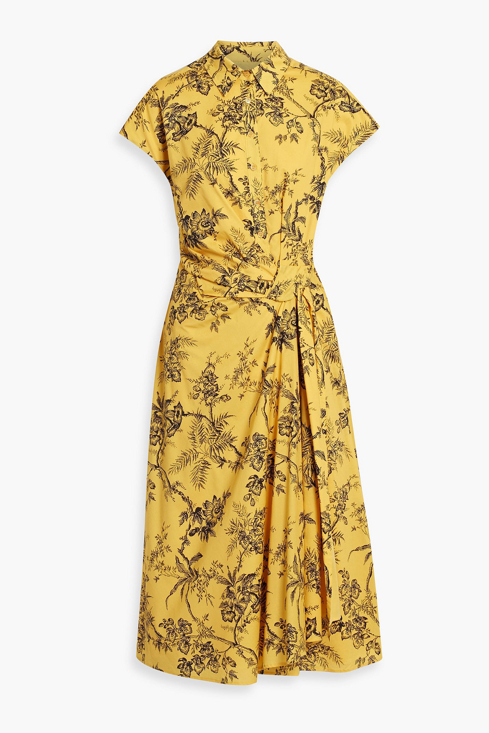 Carolina Herrera Draped Floral-print Cotton Midi Dress In Saffron