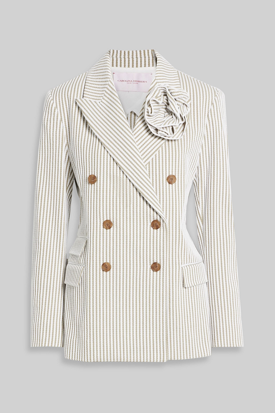 Carolina Herrera Double-breasted Embroidered Striped Cotton Blazer In White