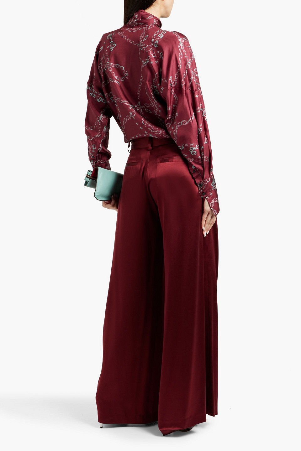 Shop Victoria Beckham Pussy-bow Printed Silk-twill Blouse In Burgundy