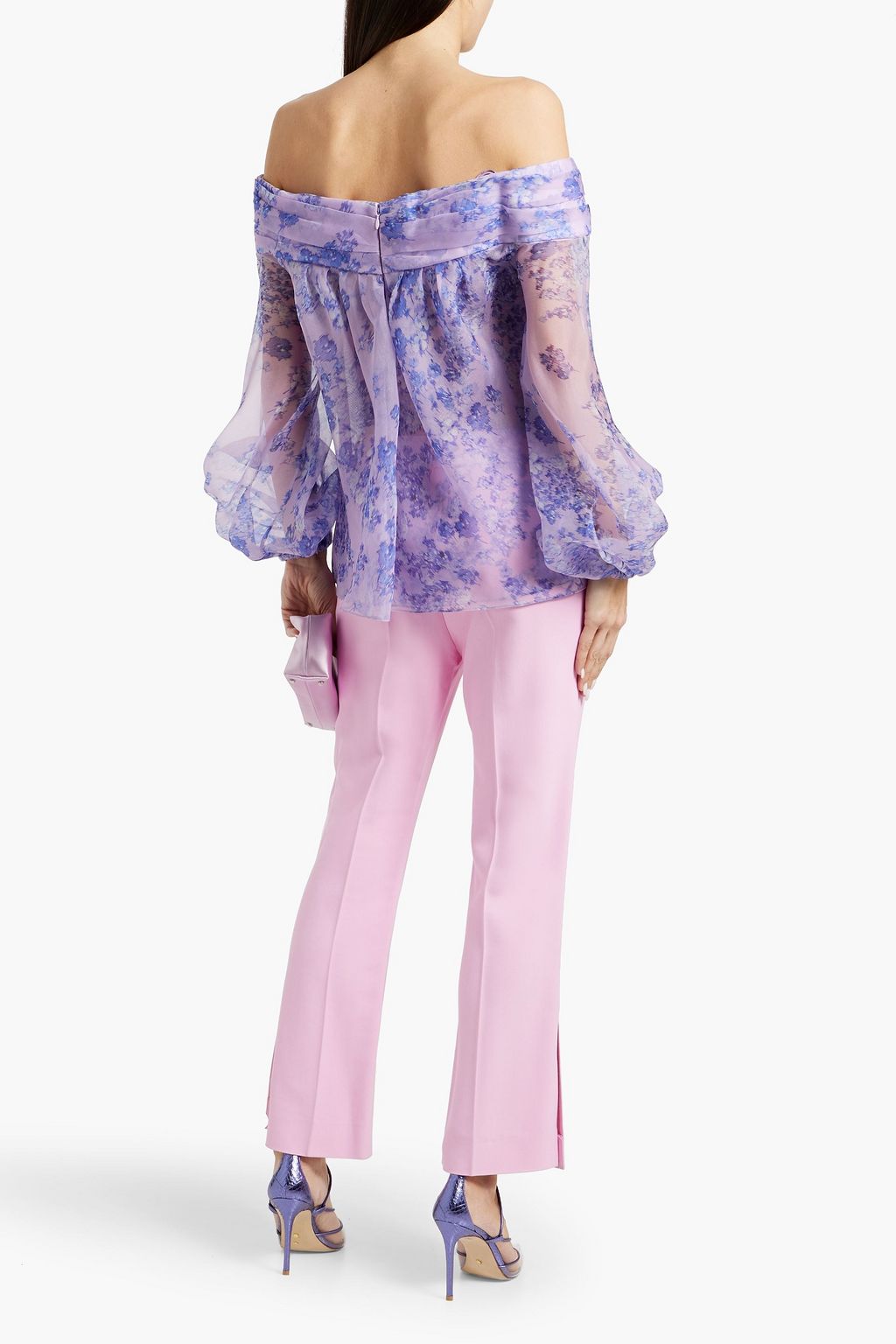 CAROLINA HERRERA Off-the-shoulder appliquéd floral-print silk-organza top