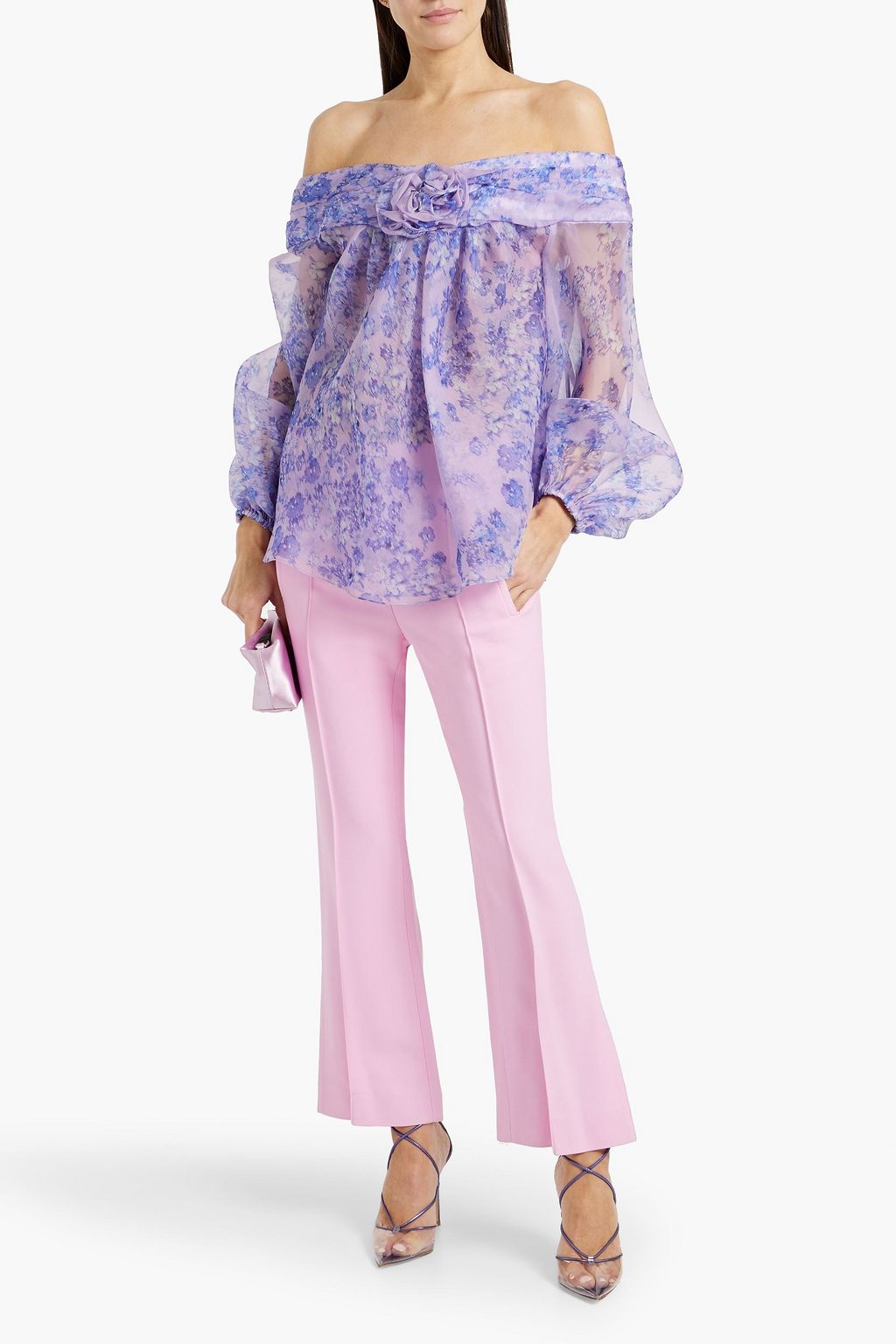 CAROLINA HERRERA Off-the-shoulder appliquéd floral-print silk-organza top