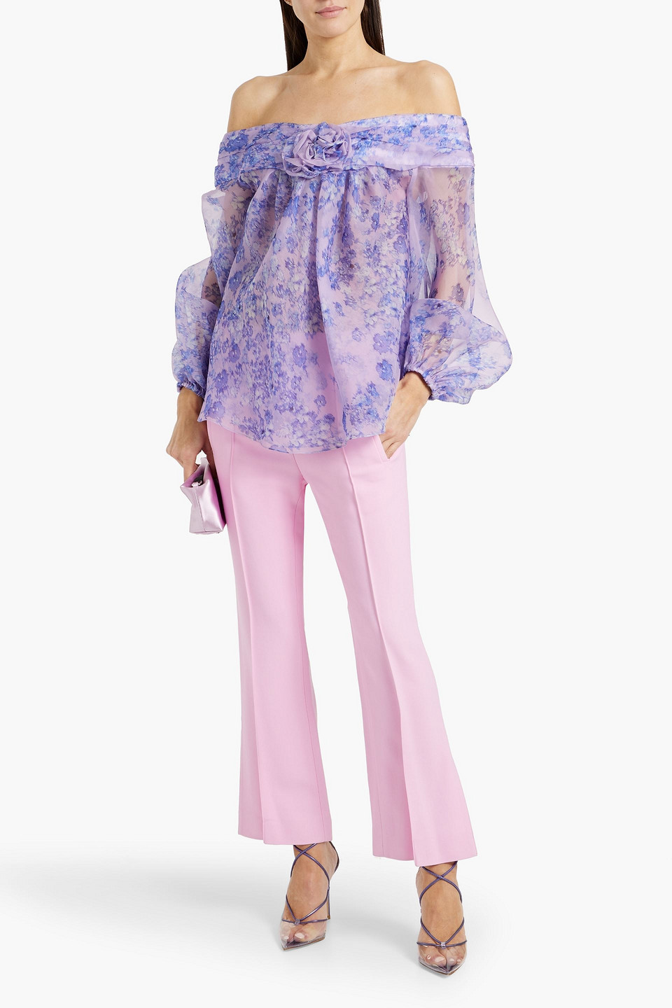 Carolina Herrera Off-the-shoulder Appliquéd Floral-print Silk-organza Top In Lavender