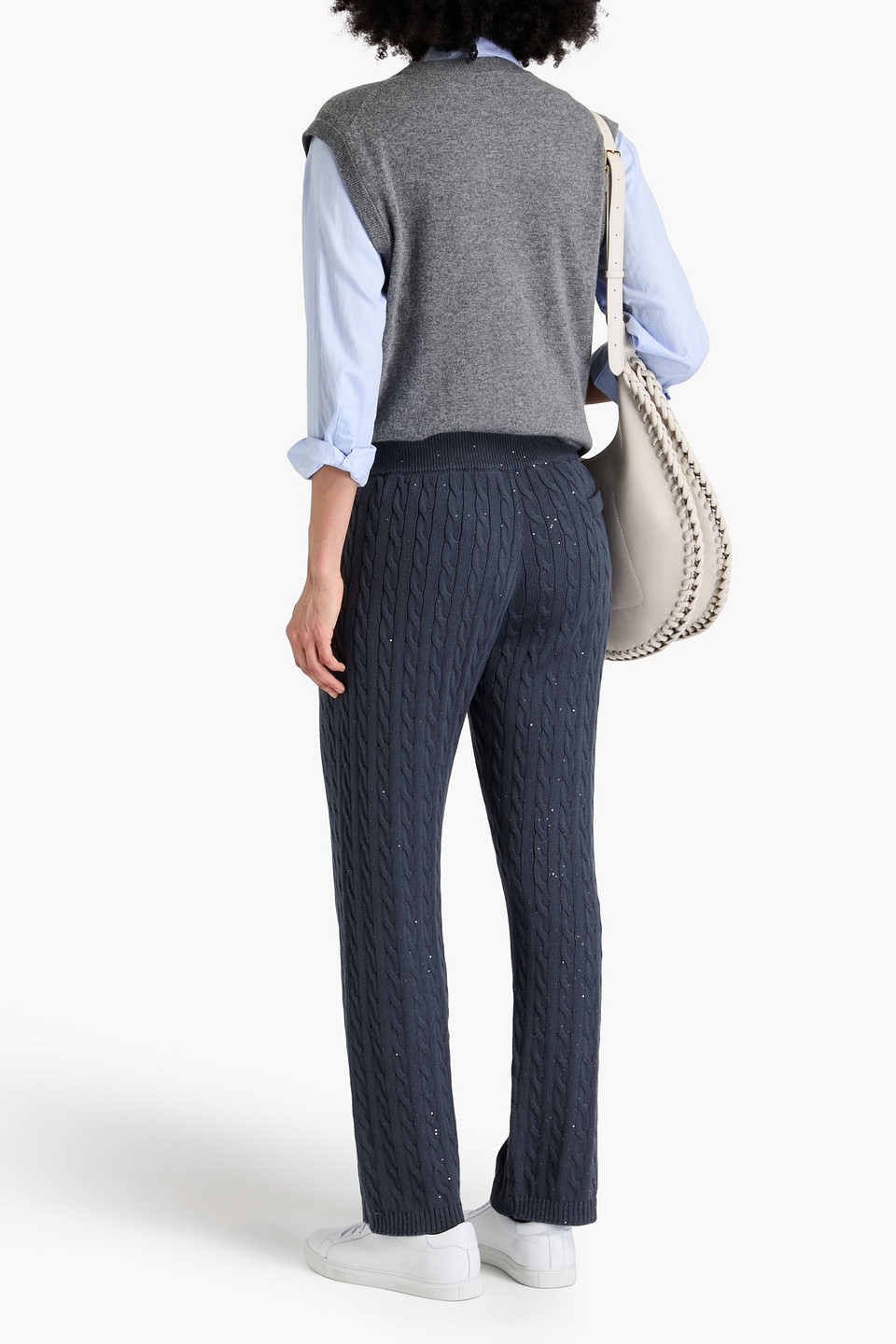  Brunello Cucinelli - Track Pants Aus Einer Baumwollmischung Mit Zopfstrickmuster Und Pailletten - Blau - S 