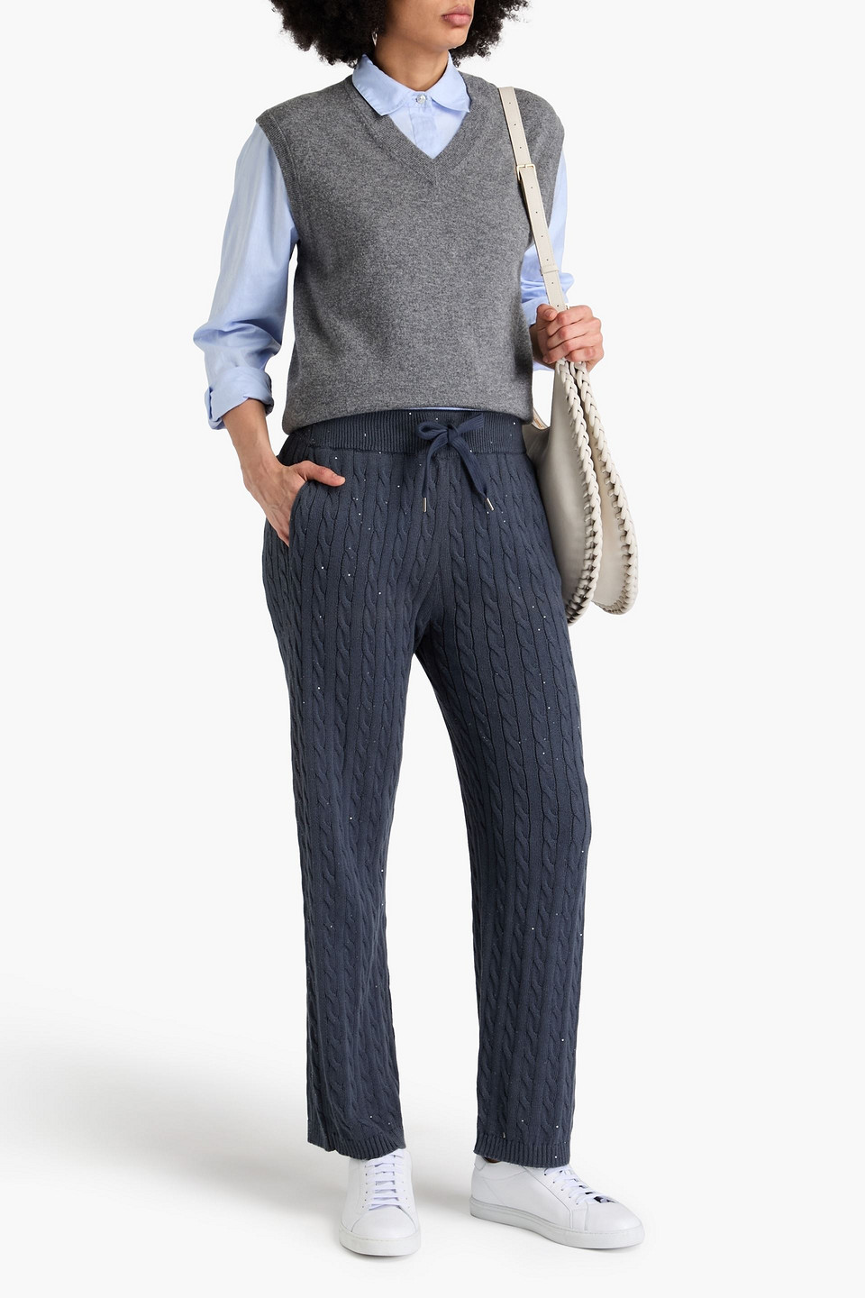  Brunello Cucinelli - Track Pants Aus Einer Baumwollmischung Mit Zopfstrickmuster Und Pailletten - Blau - S 