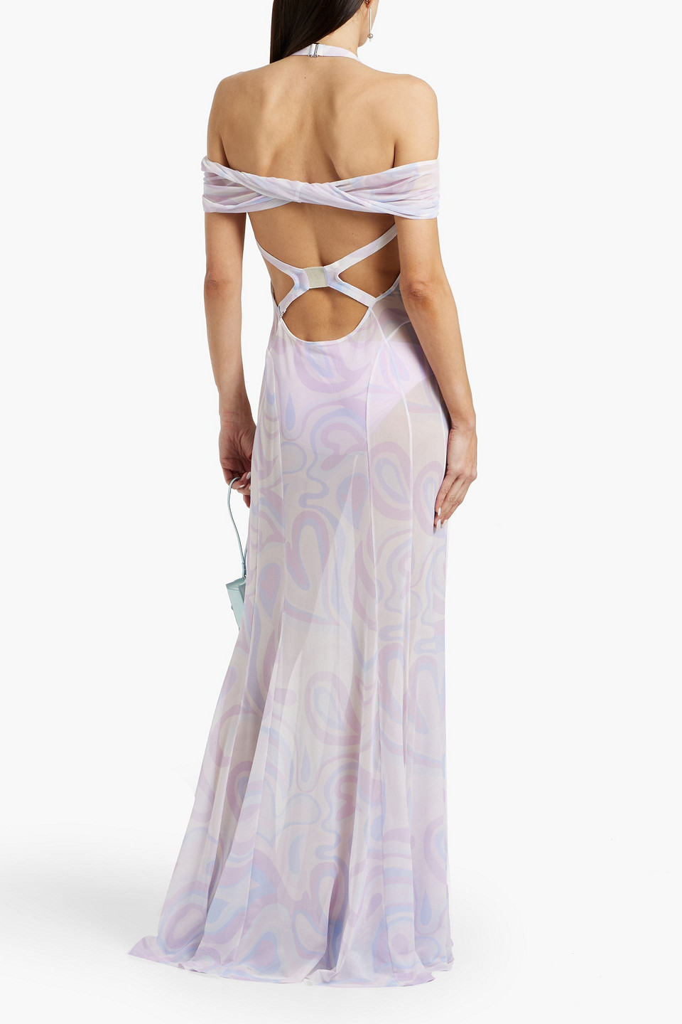 Jacquemus Cutout Printed Stretch-mesh Halterneck Maxi Dress In Metallic