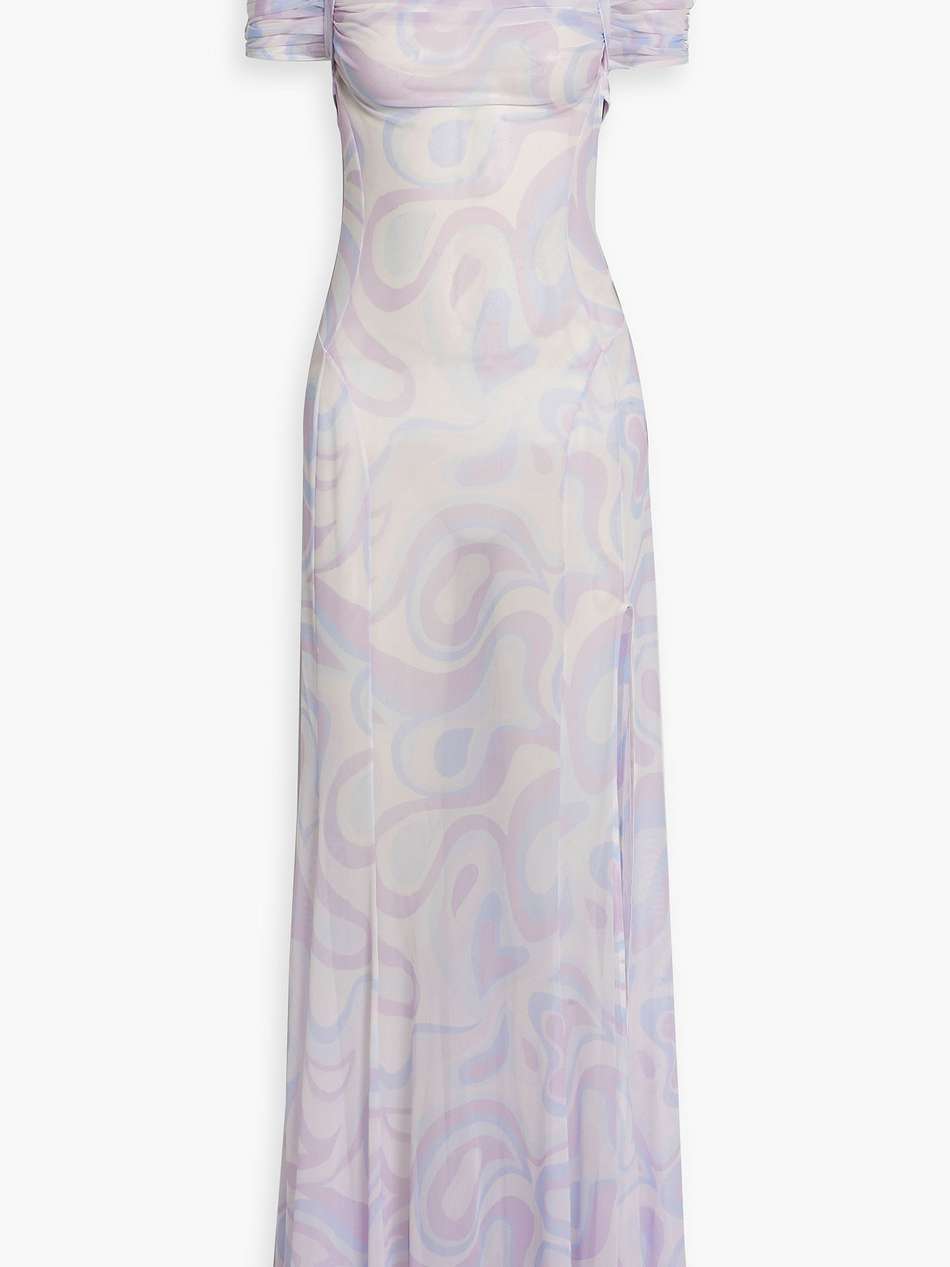 cutout printed stretch-mesh halterneck maxi dress