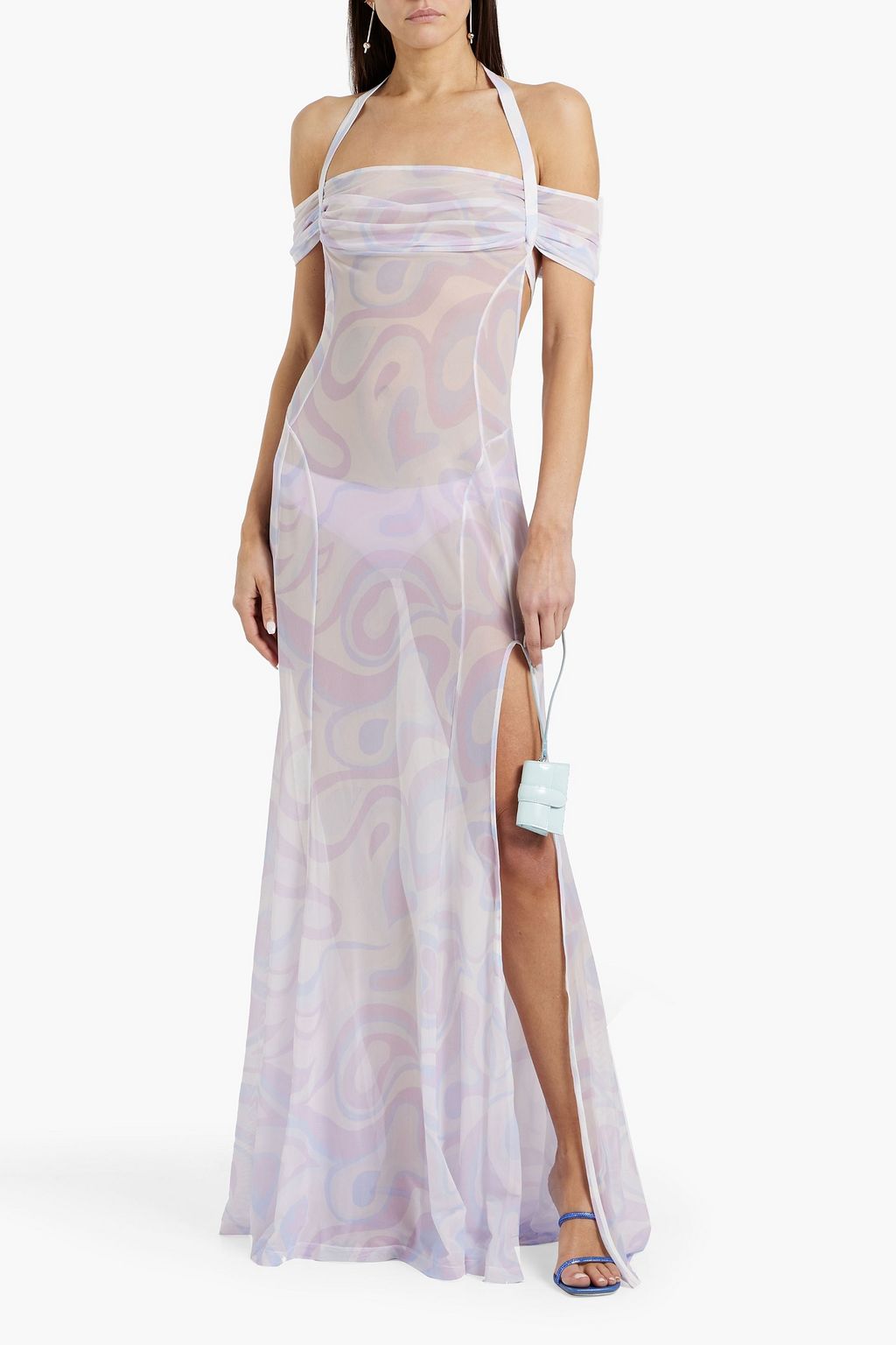 JACQUEMUS Cutout printed stretch-mesh halterneck maxi dress