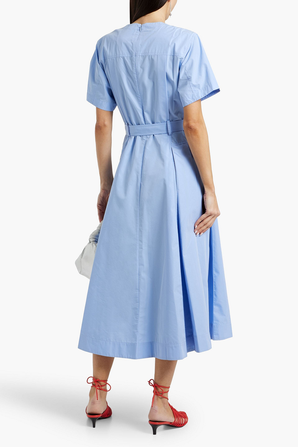 3.1 PHILLIP LIM BELTED PLEATED COTTON-BLEND POPLIN MIDI DRESS