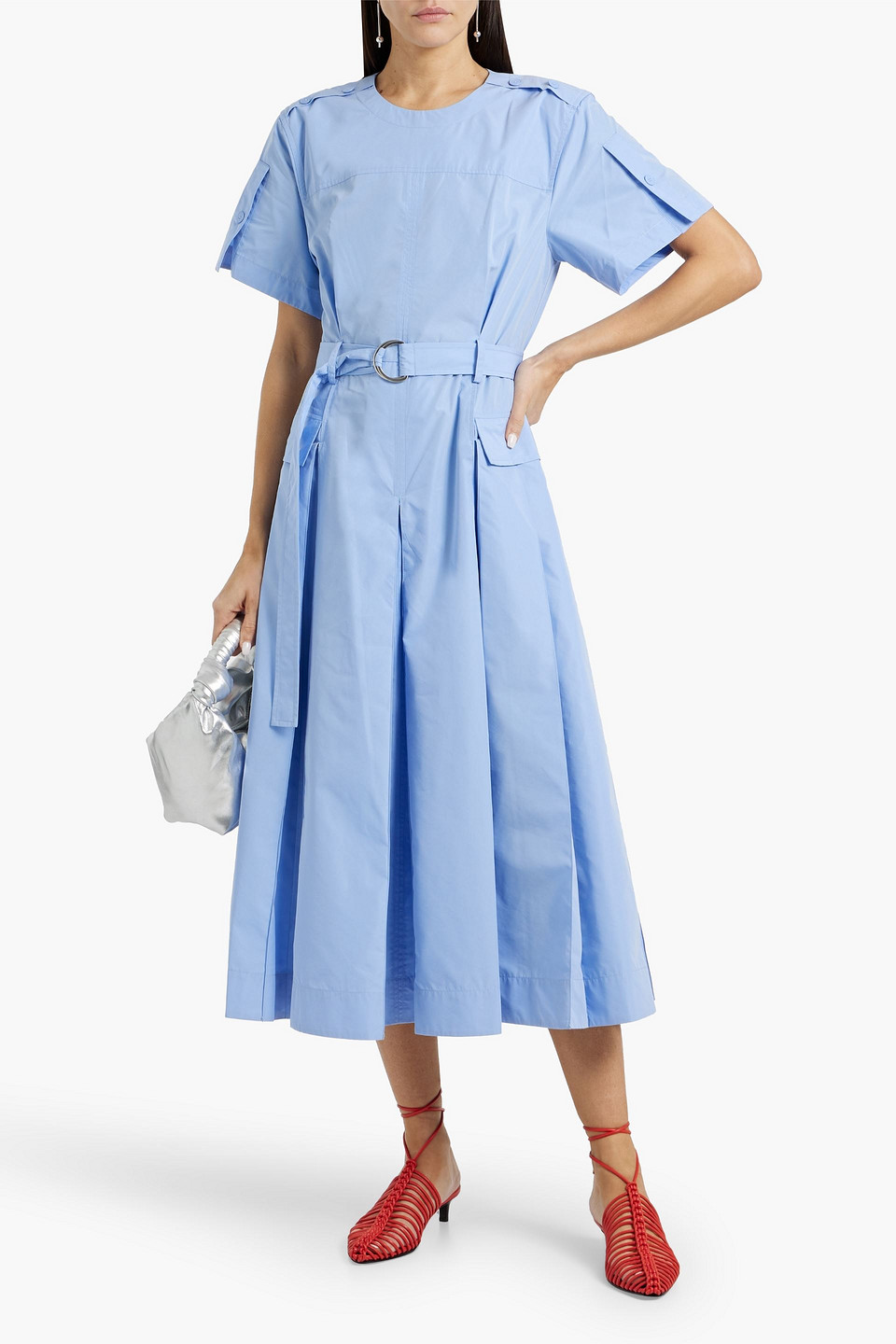 3.1 PHILLIP LIM BELTED PLEATED COTTON-BLEND POPLIN MIDI DRESS