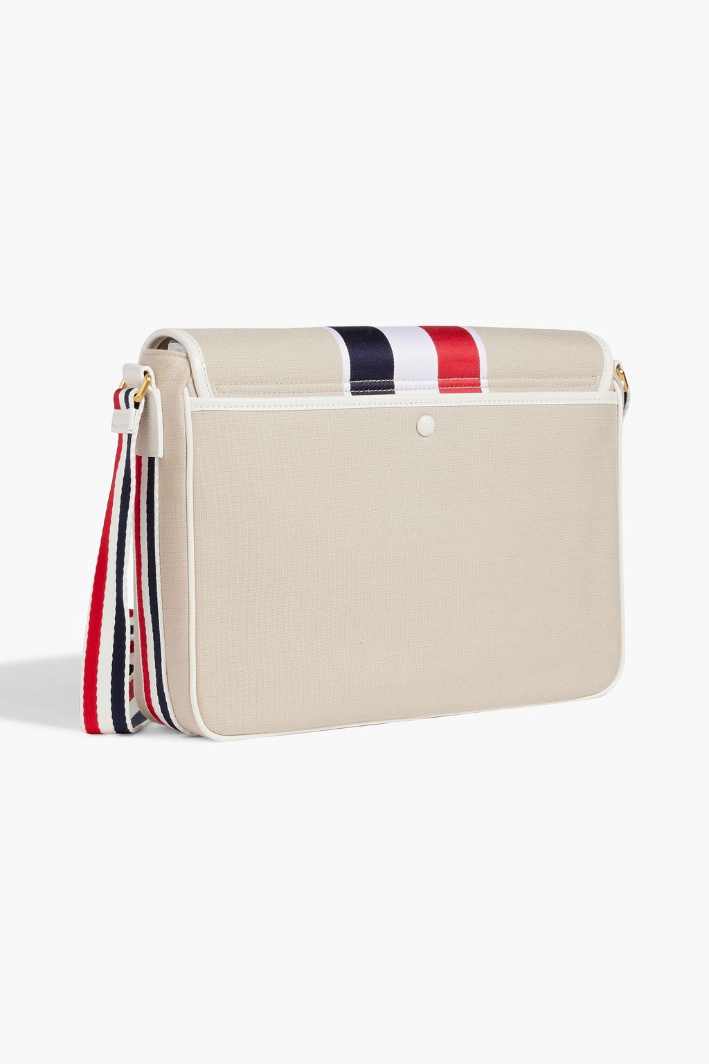 THOM BROWNE Leather-trimmed striped canvas messenger bag