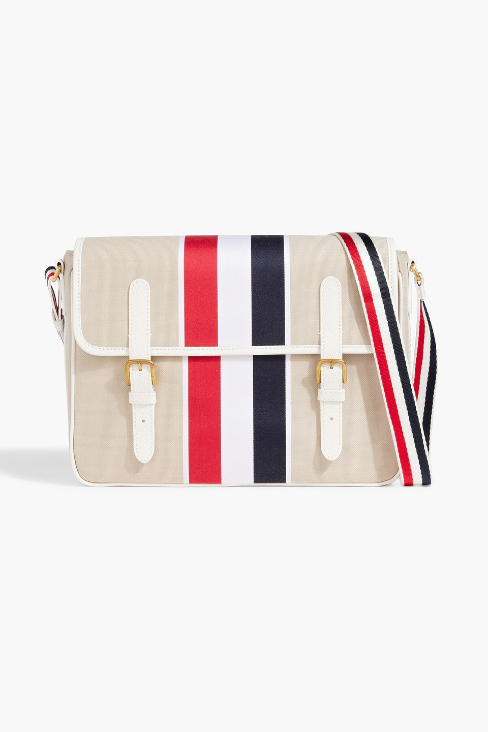 Leather-trimmed striped canvas messenger bag