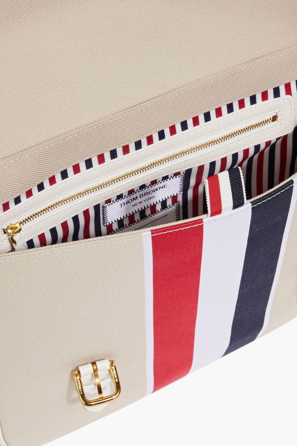 THOM BROWNE Leather-trimmed striped canvas messenger bag
