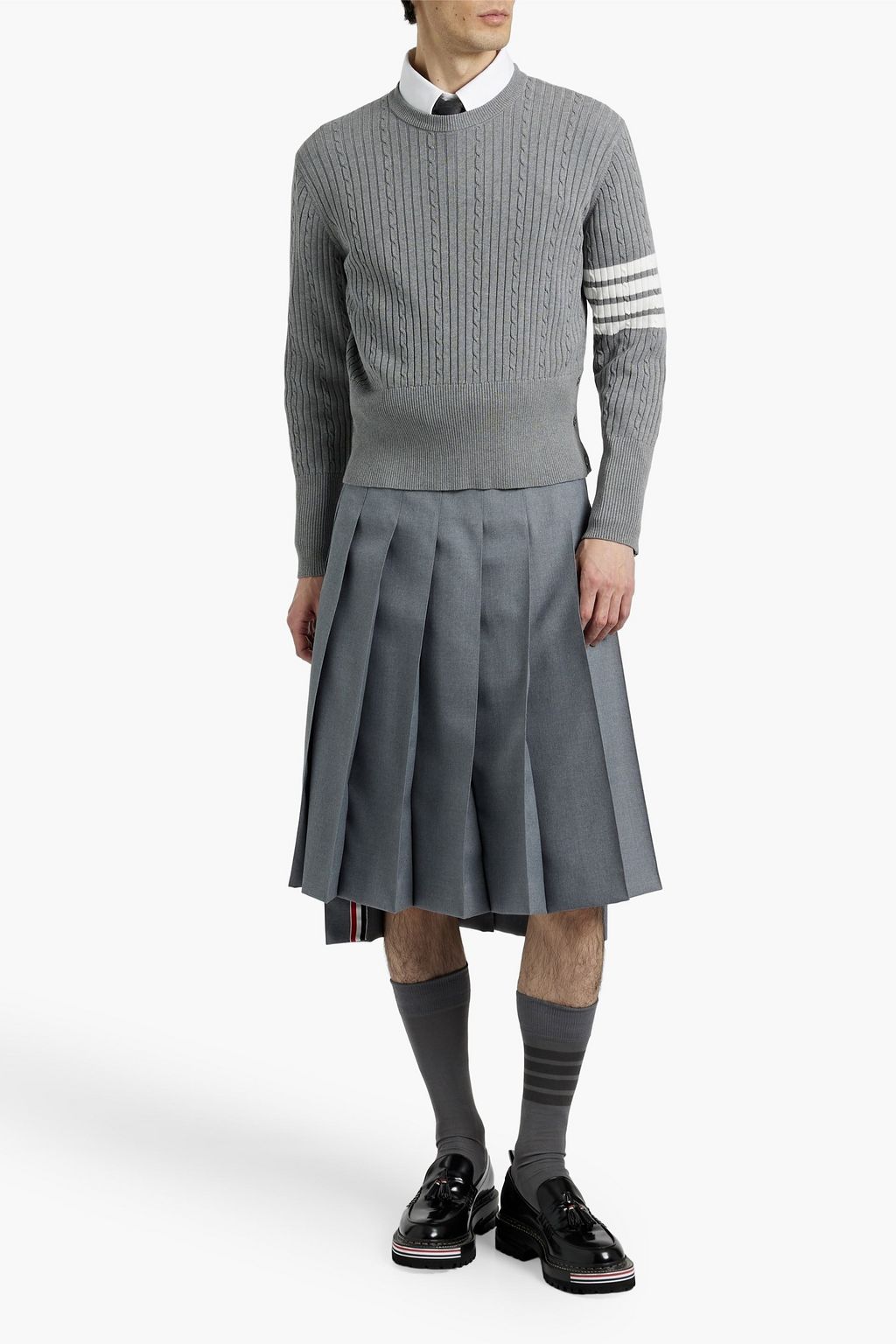 THOM BROWNE Striped ribbed and cable-knit cotton sweater