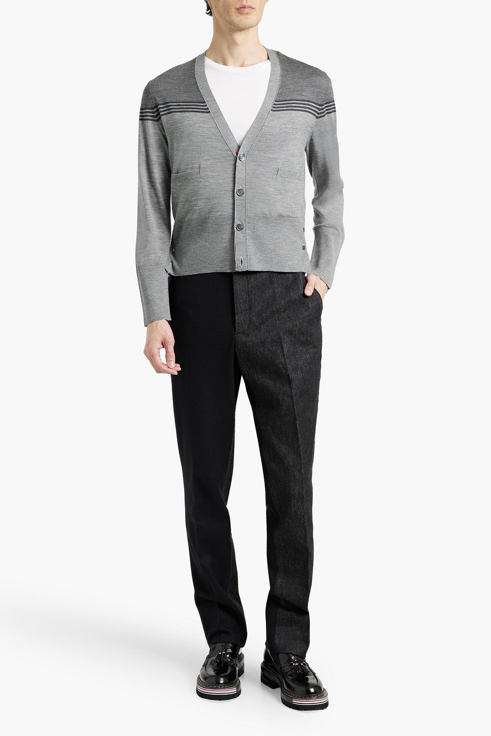 Thom Browne Striped Wool-blend Cardigan In Light Gray