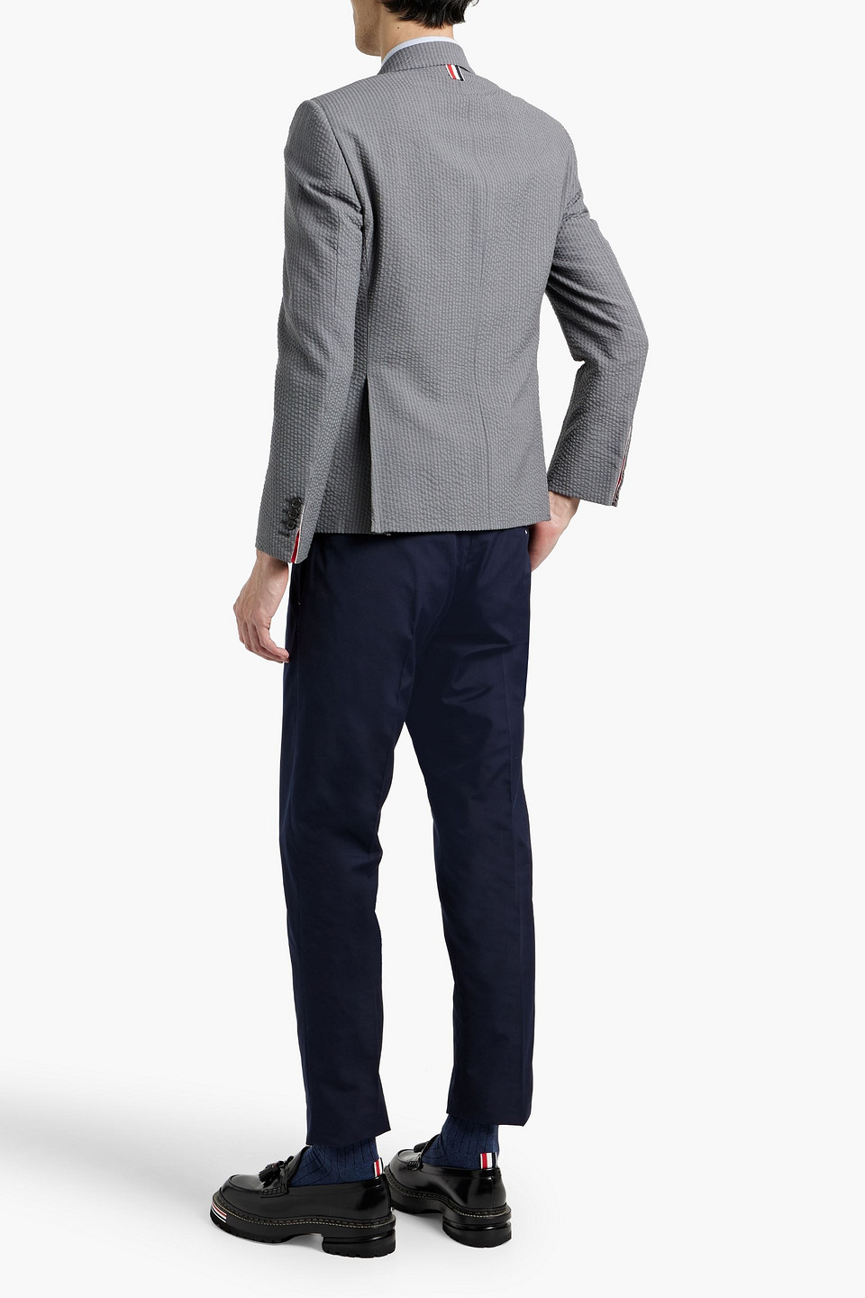Thom Browne Striped Wool-seersucker Blazer In Gray