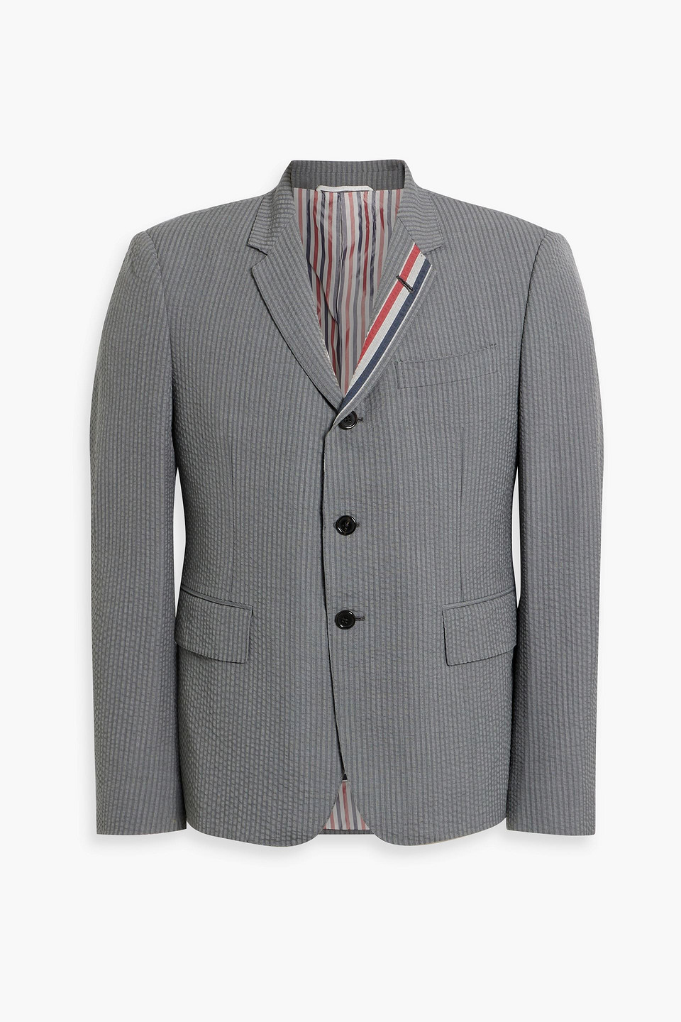 Thom Browne Striped Wool-seersucker Blazer In Gray