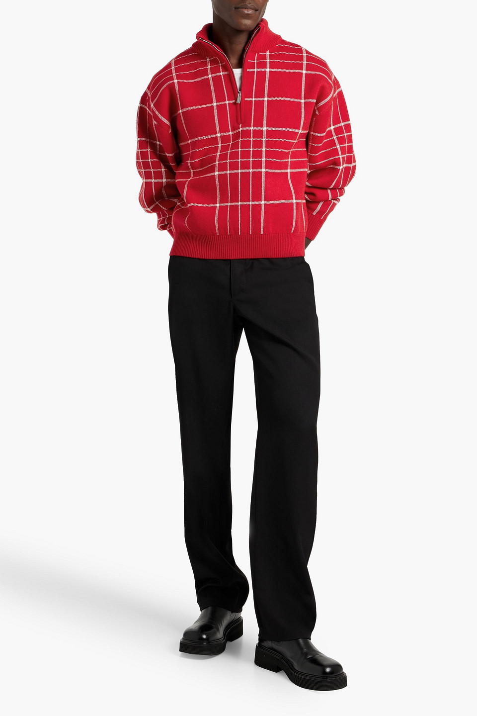 Jacquemus Carro Checked Merino Wool-blend Half-zip Sweater In Red