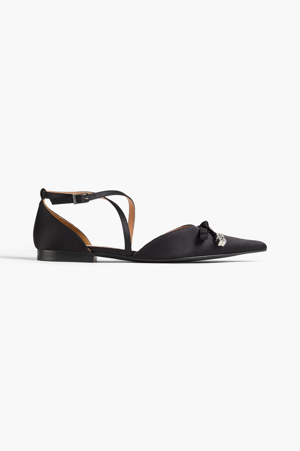 ganni - crystal-embellished satin point-toe flats - black - eu 36