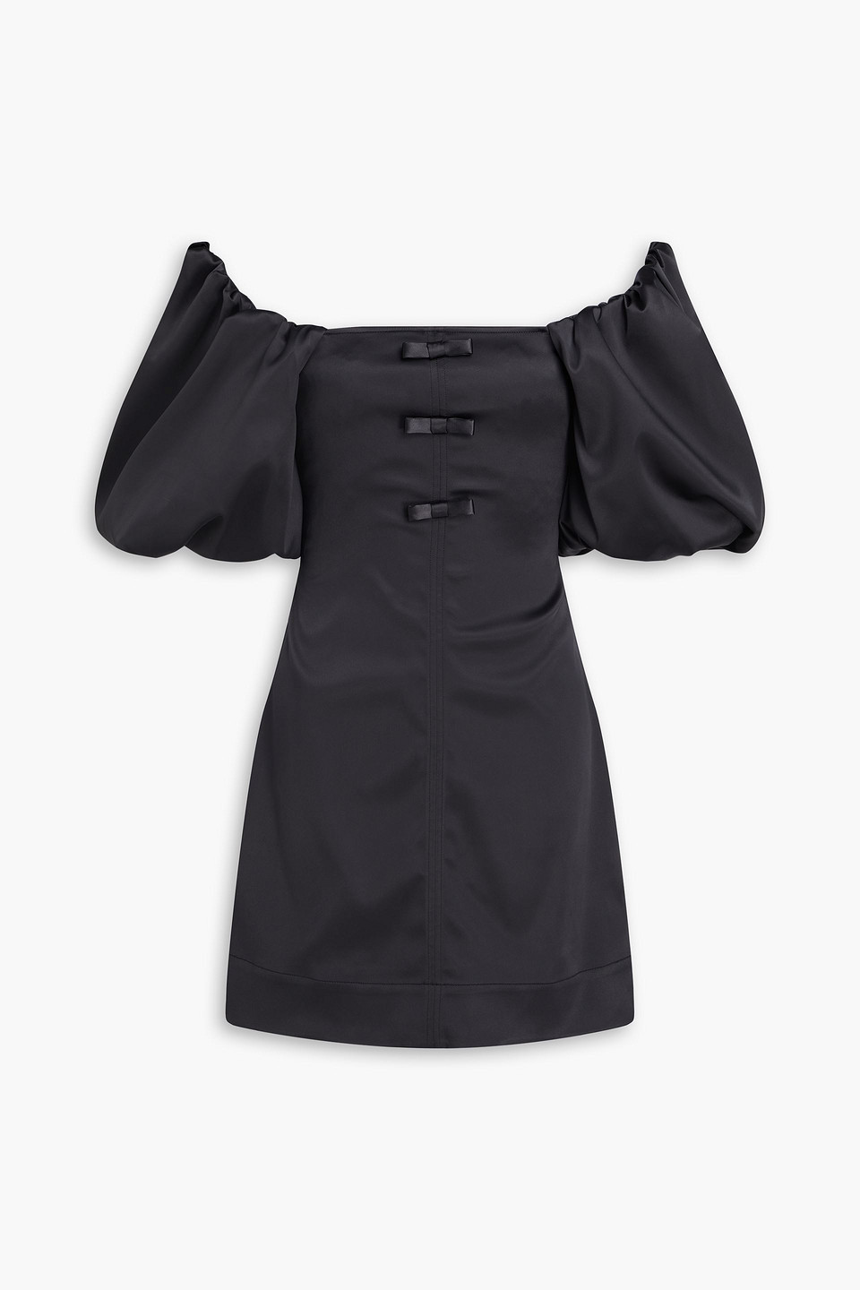 Ganni Off-the-shoulder Bow-detailed Satin Mini Dress In Black