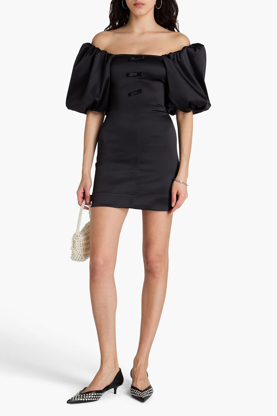 Ganni Off-the-shoulder Bow-detailed Satin Mini Dress In Black