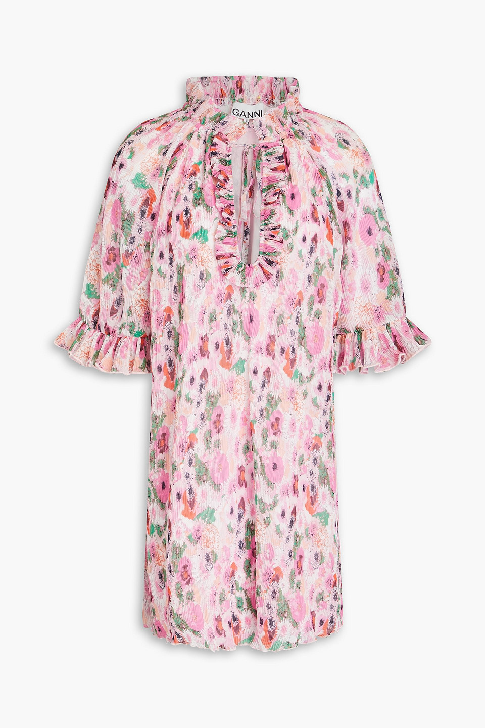 Ganni Ruffled Floral-print Plissé-georgette Mini Dress In Pink