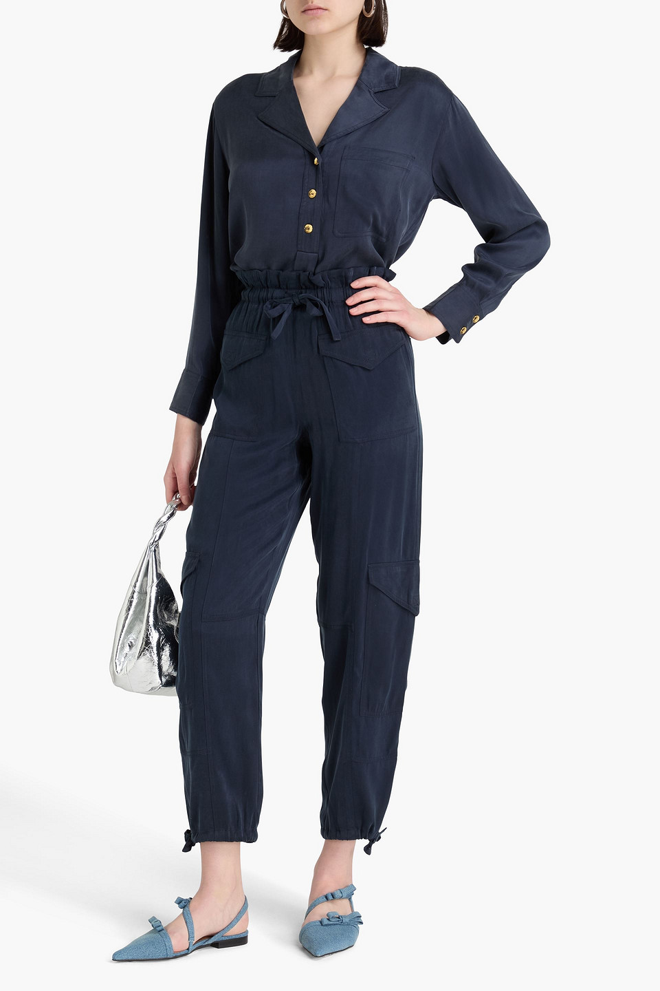 Ganni Washed Twill Satin Oversize Shirt In Marineblau