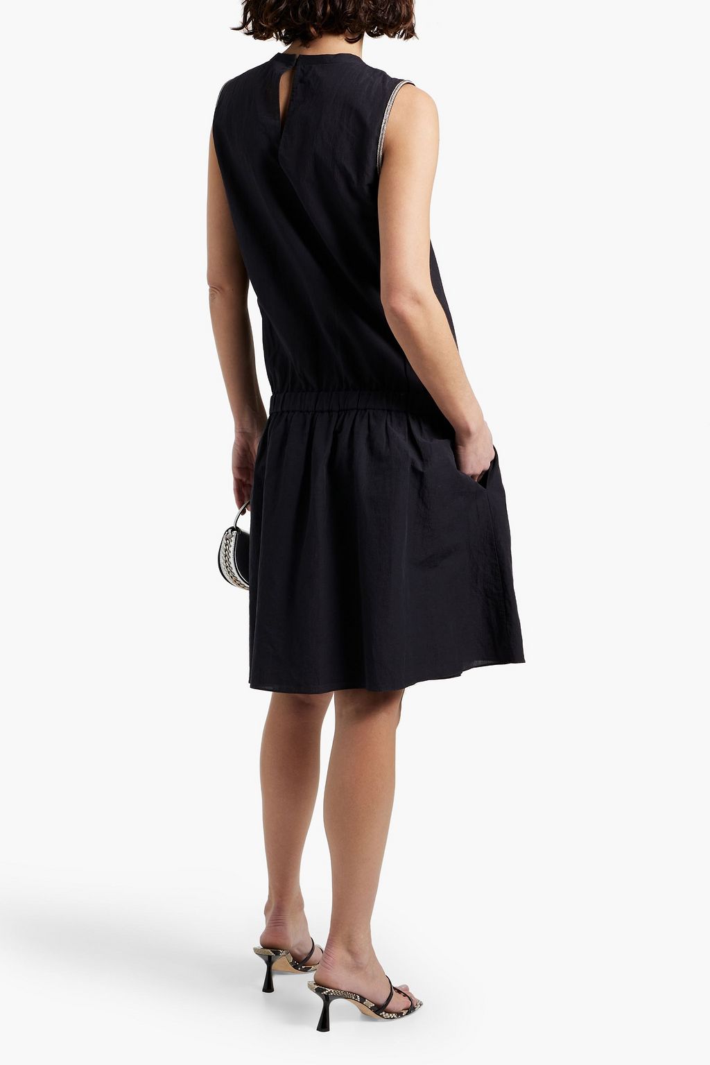BRUNELLO CUCINELLI Bead-embellished cotton and linen-blend seersucker dress