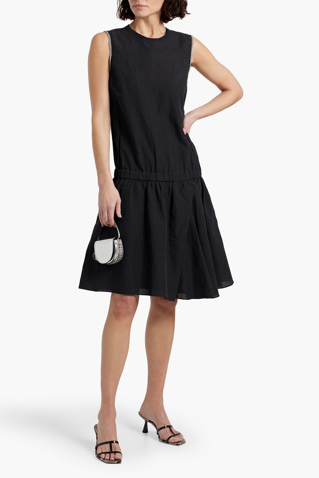 BRUNELLO CUCINELLI Bead-embellished cotton and linen-blend seersucker dress