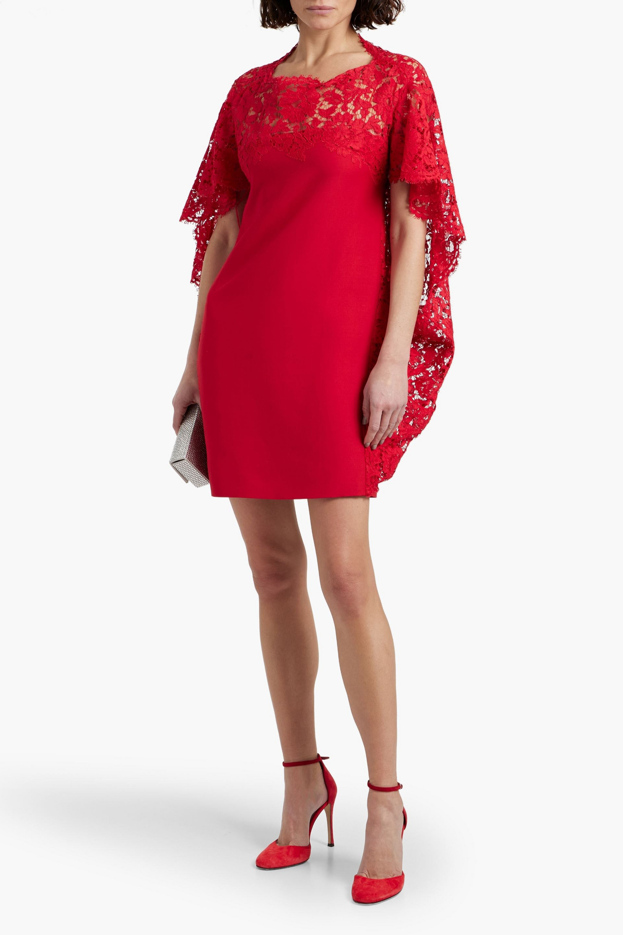 Valentino Garavani Cape-effect corded lace and wool and silk-blend crepe mini dress