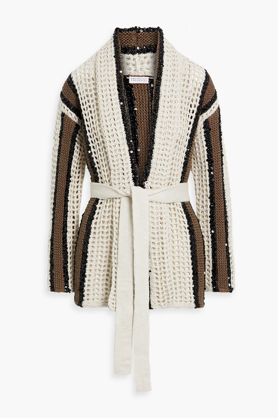 Brunello Cucinelli Embellished Striped Crocheted Jute-blend Cardigan In Beige