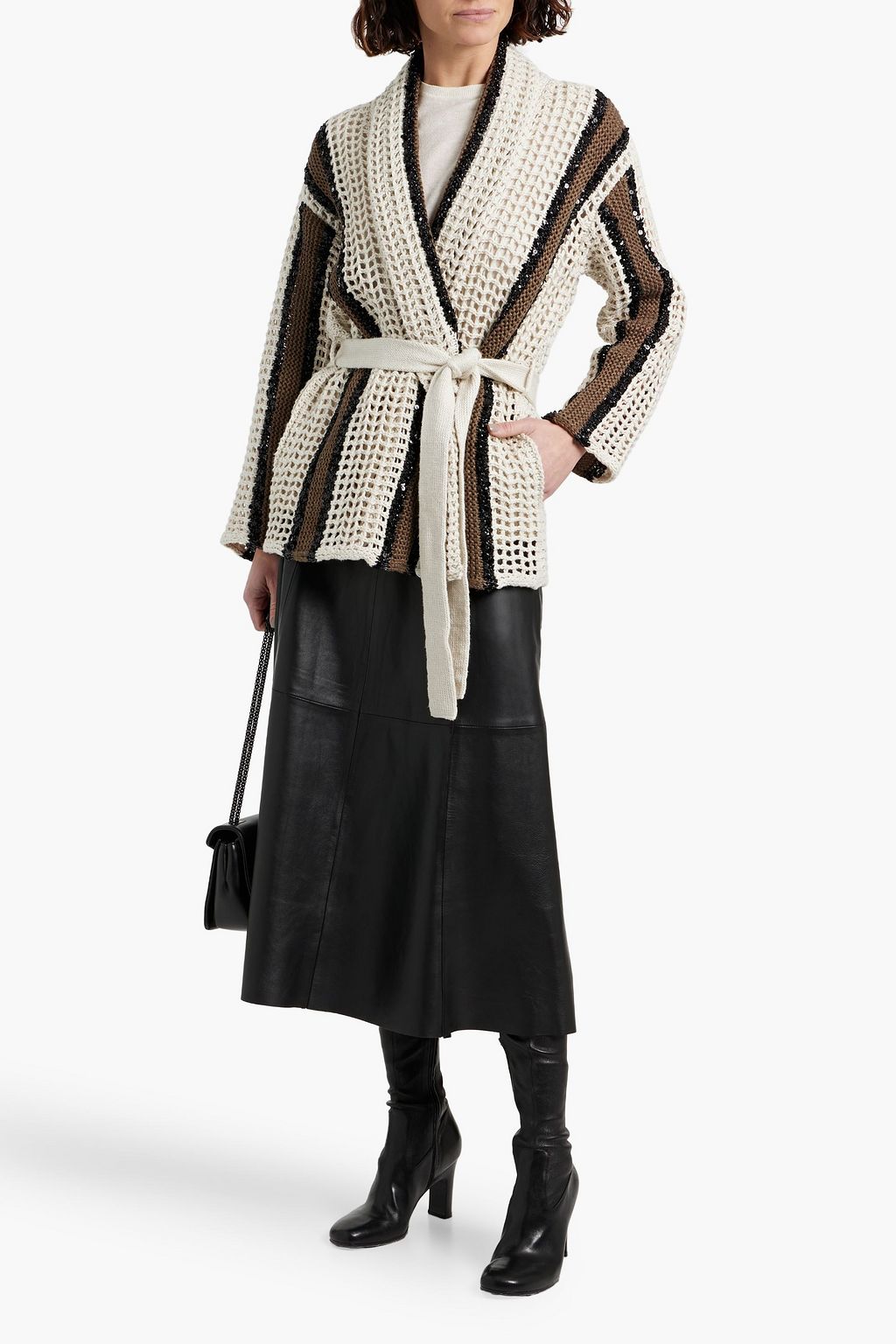 BRUNELLO CUCINELLI Embellished striped crocheted jute-blend cardigan