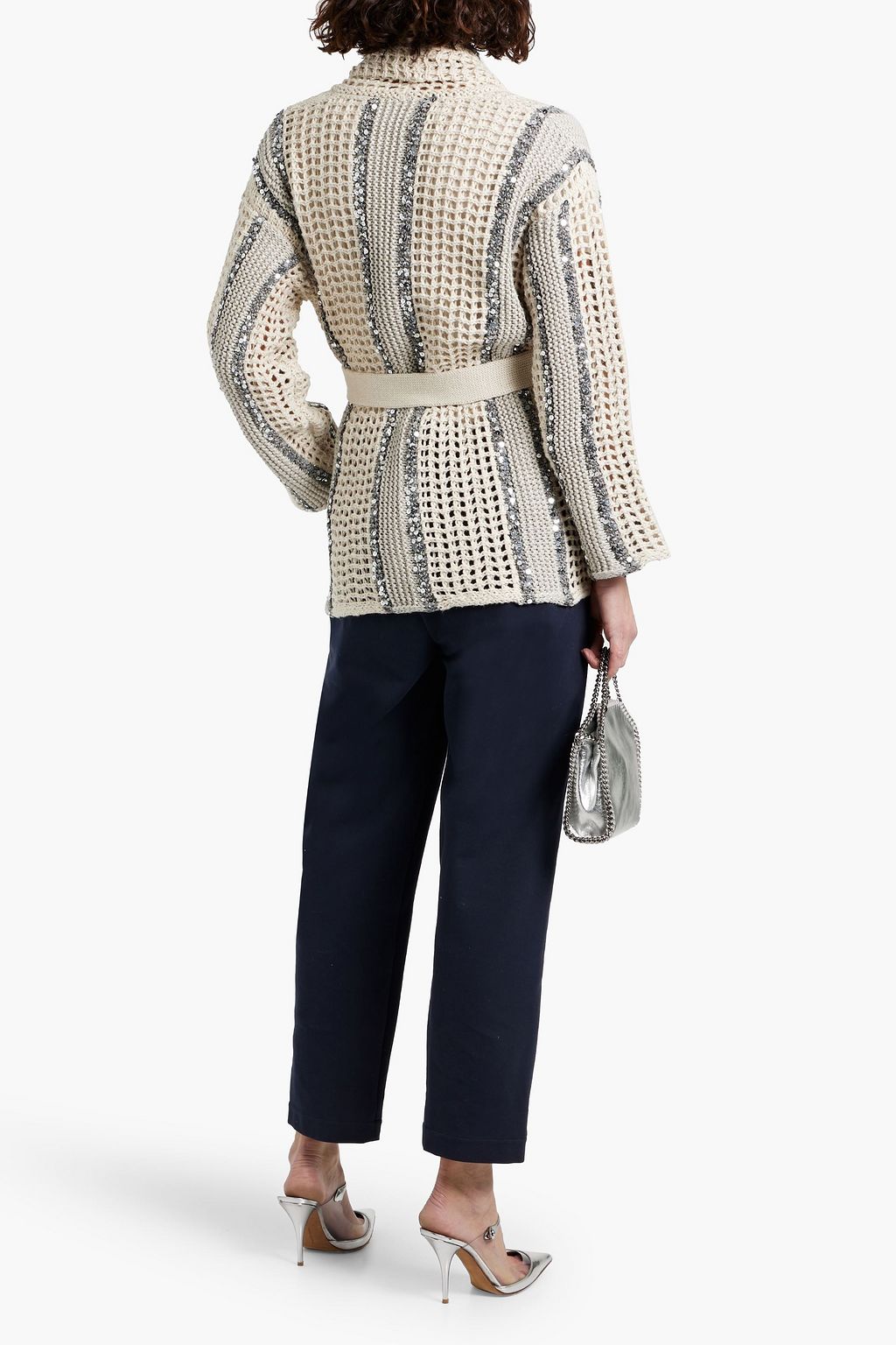 BRUNELLO CUCINELLI Embellished striped crocheted jute-blend cardigan