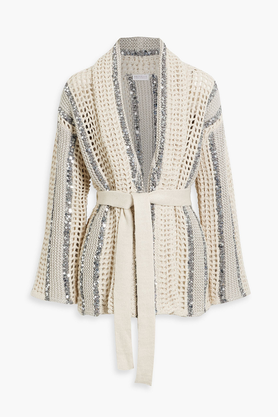 Brunello Cucinelli Embellished Striped Crocheted Jute-blend Cardigan In Ecru