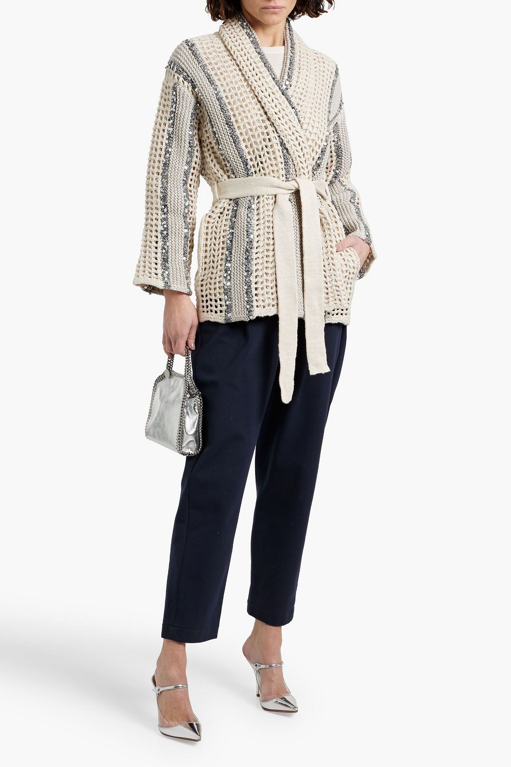 BRUNELLO CUCINELLI Embellished striped crocheted jute-blend cardigan